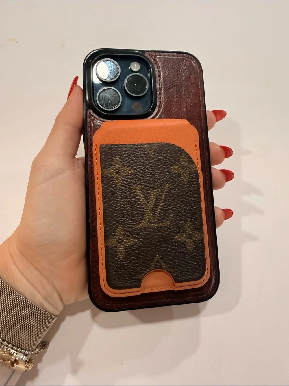 Upcycled Luxury Monogram Magnetic Phone Card Holder Wallet Case in Brown
